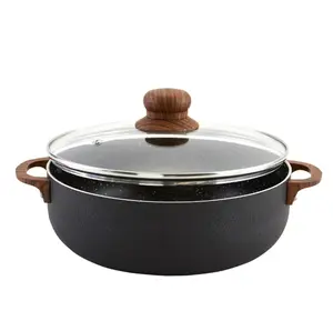 IMUSA 4.4qt Black Stone Aluminum Speckled Nonstick Caldero with Glass Lid & Wood Look Handles, Black