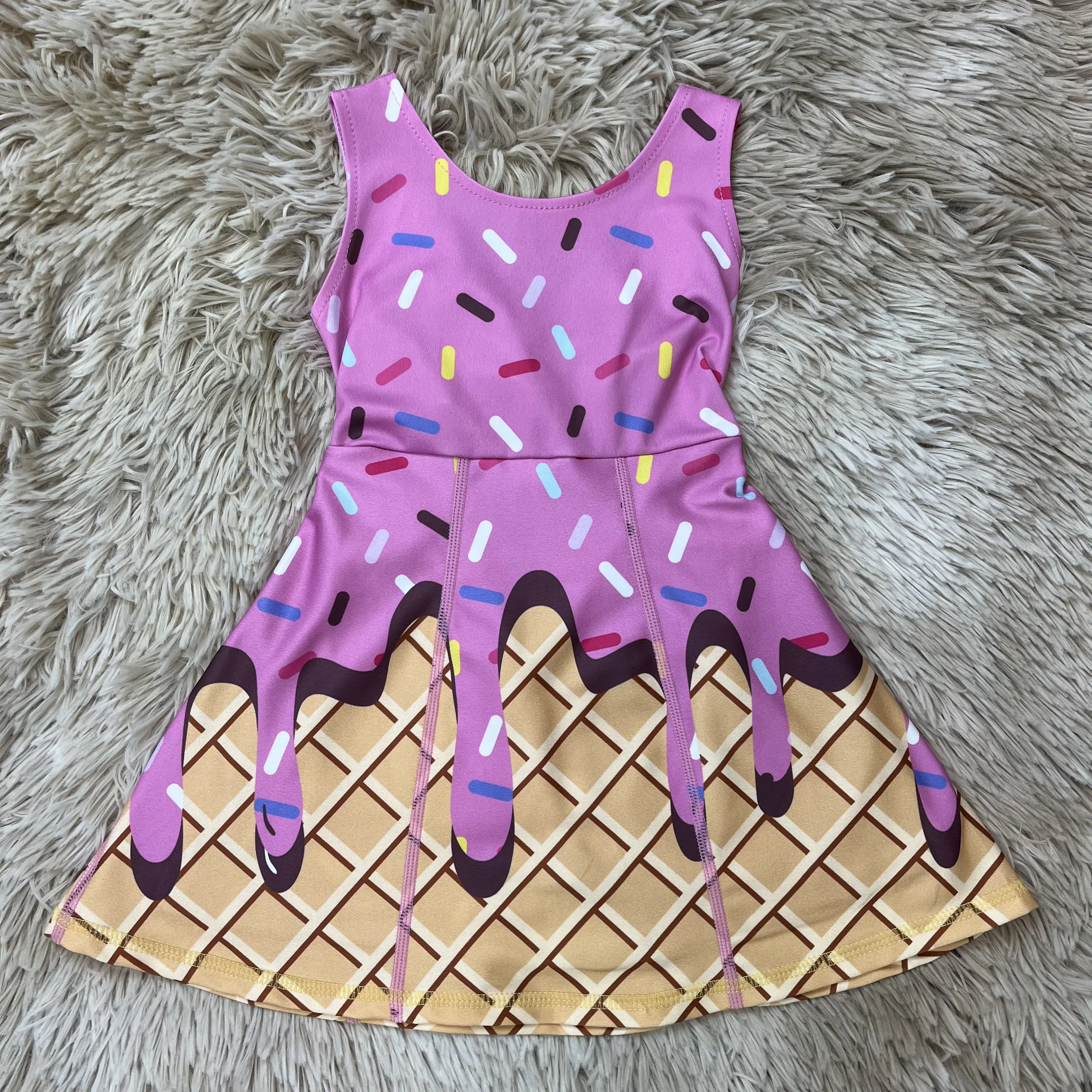 Girls' Sleeveless Athletic Dress with Fun Ice Cream Drip Print, Sporty Chic Cartoon Style Summer Activewear for Playful Days, Active Wear, Relaxed Fit
