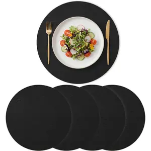 Black Faux Leather Placemats Set of 4, 15 Inch Waterproof Wipeable Heat Resistant Vinyl Place Mats, Reversible Table Mats for Kitchen Dining Decor