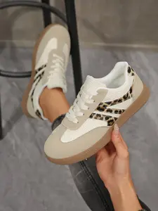 Women's Leopard Patchwork German Trainer Shoes, Vintage American Style Casual Sports Sneakers, Comfortable and Stylish Footwear