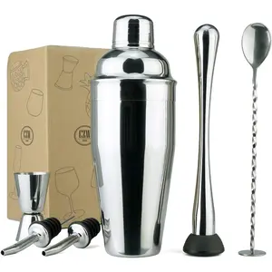 PG Professional Bartender Kit - 6PC Premium Cocktail Stainless Steel Shaker Set - 24oz Martini Shaker Gloss Finish, with Muddler, Stirring Spoon, 2X Wine Pourer, and Double Jigger
