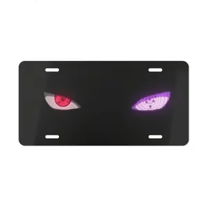 Anime Eyes License Plate – Custom Black Decorative Car Tag with Red and Purple Eye Print, Novelty Aluminum Wall Sign 12"x6" Pre-Drilled Holes