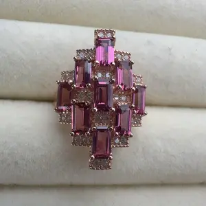 <PingEast jewelry > 925 Sterling Silver Rose Gold–Plated–Set 17 mm × 24 mm Natural Purple Garnet Cross Diamond-Shaped Wide Ring, Adjustable Open Band, Certificate Included