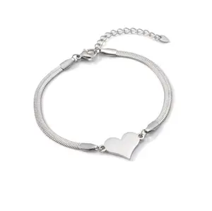 Heart Charm on Snake Style Bracelet - Elegant Silver Tone Jewelry for Women