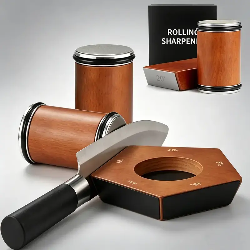 Portable Kitchen Knife Sharpener Kit - Kitchenware with Diamond Sharpening Disk Roller, Wooden Holder with 15°&20° Angle Guides, Easy-to-Use Tool for Home, Camping,sohochic