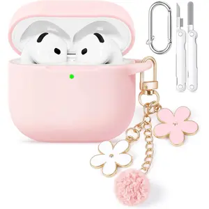 for AirPods 4 Case Cover, Soft Pink Silicone Protective Shell Compatible with Apple AirPods 4th Generation Case for Women Girly, iPod 4 Case with Flower Chain,Keychain and Cleaner Kit - Pink