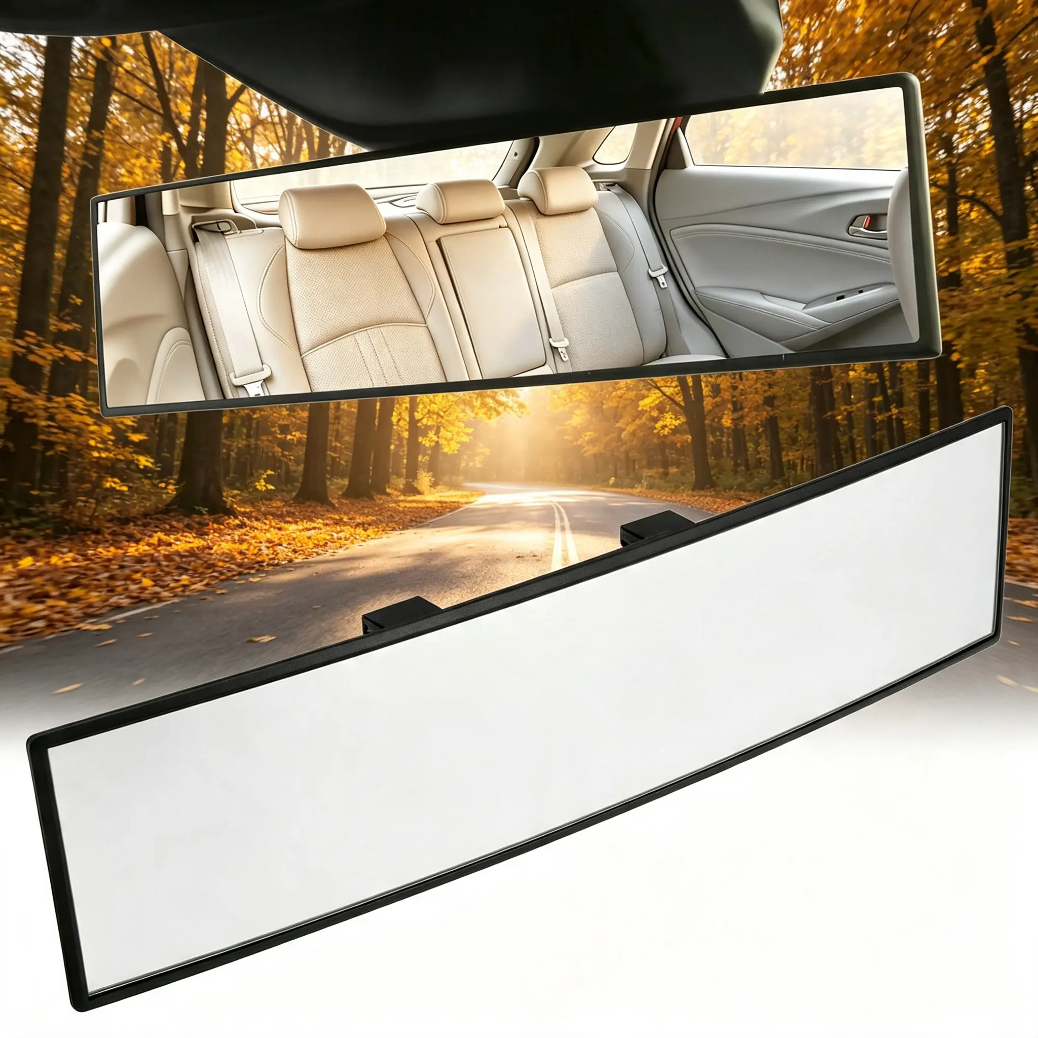 Universal 12 Inch Car Rearview Mirror, Impact-Resistant Clip-on Design, Panoramic HD Vision, Broad Viewing Range for SUV, Truck, and Sedan