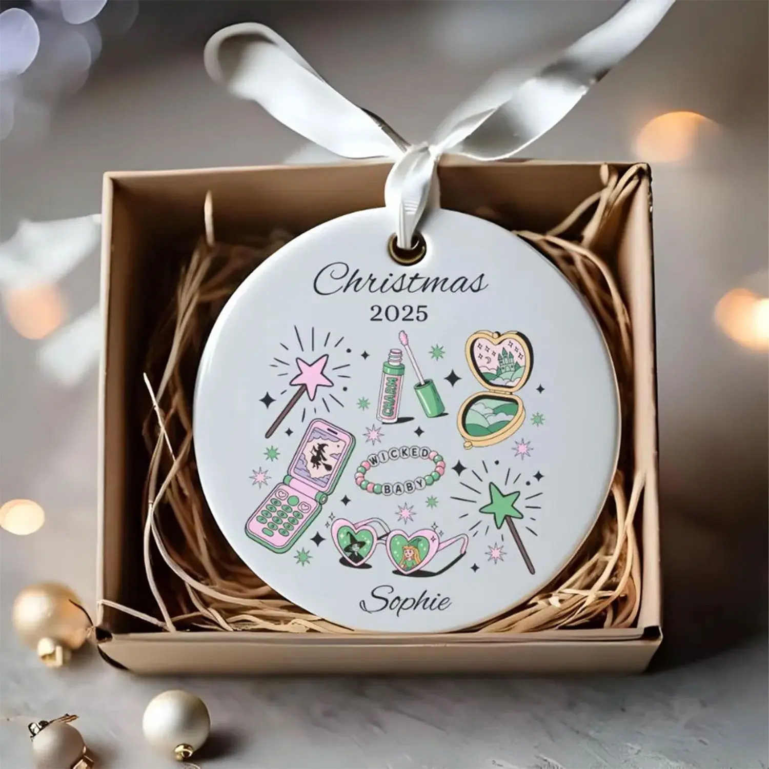 Personalised Name Ornament, Custom Wicked Ceramic Christmas Ornament, Broadway Fan Gift Holiday