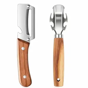 Sturdy Lightweight Wooden Handle Kitchen Hand Tool Set - Multifunctional Stainless Steel Gadgets with Blade, Peeler, Bottle Opener, Heat-Resistant Gripper for Summer Use