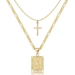 Jewelry Lady Girl 14K Gold Plated Layered Square Letter Pendant Figaro Chain Cross Necklace Christmas Gift Jewelry