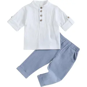 Toddler Baby Boy Clothes Cotton Linen Henley Shirts Button Down Long Sleeve Shirts Casual Pants Set