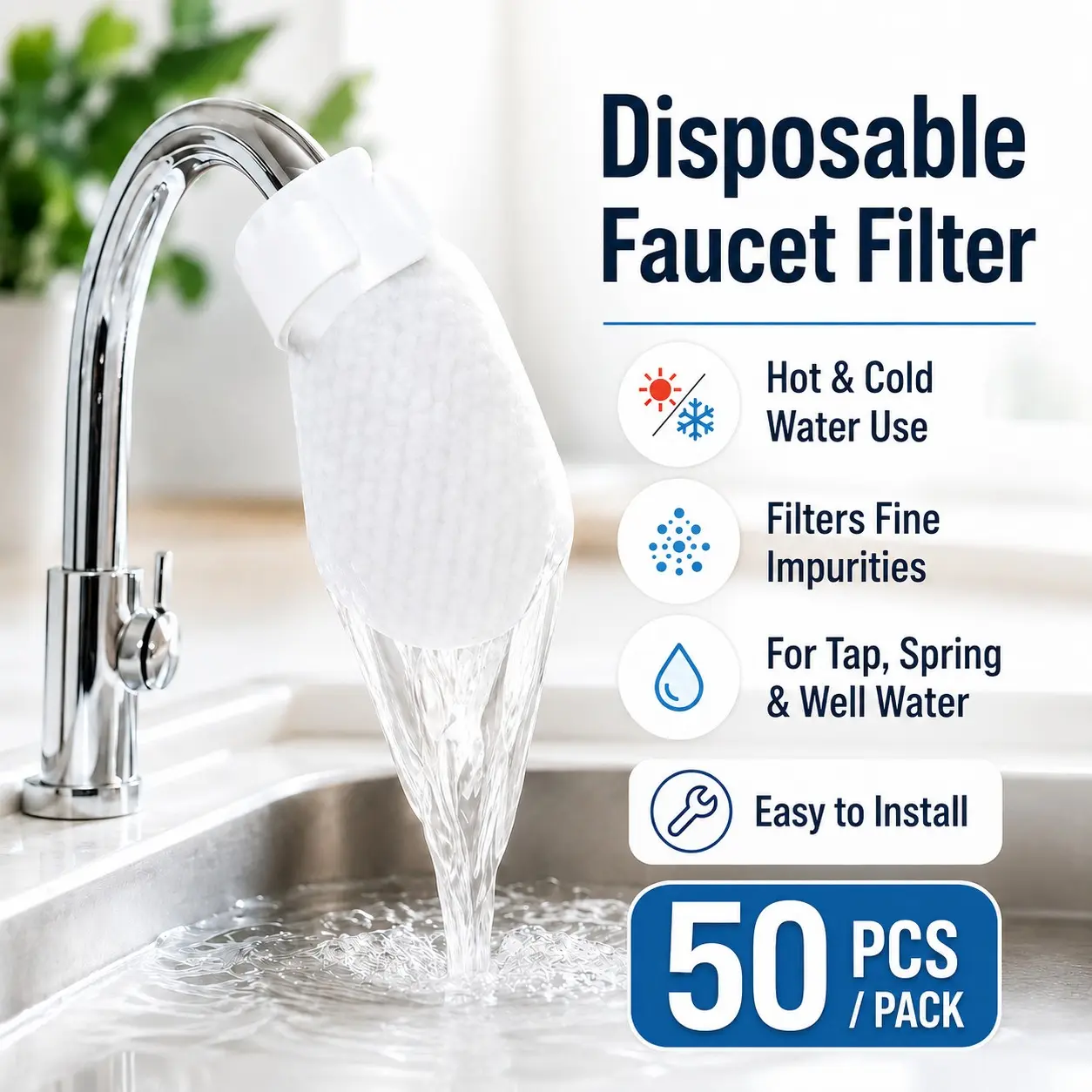 50 Disposable Faucet Filters, Home Kitchen Water Filtration Bags, Prevents Impurities and Limescale, Reusable Water Filter, Sink Water Filter, Water Filter For Sink Faucet, Water Filter Replacement