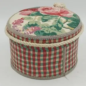 Jan Sevadjian Sewing Hat Box Basket Padded Cord Handle Fabric Covered 10" 1980s