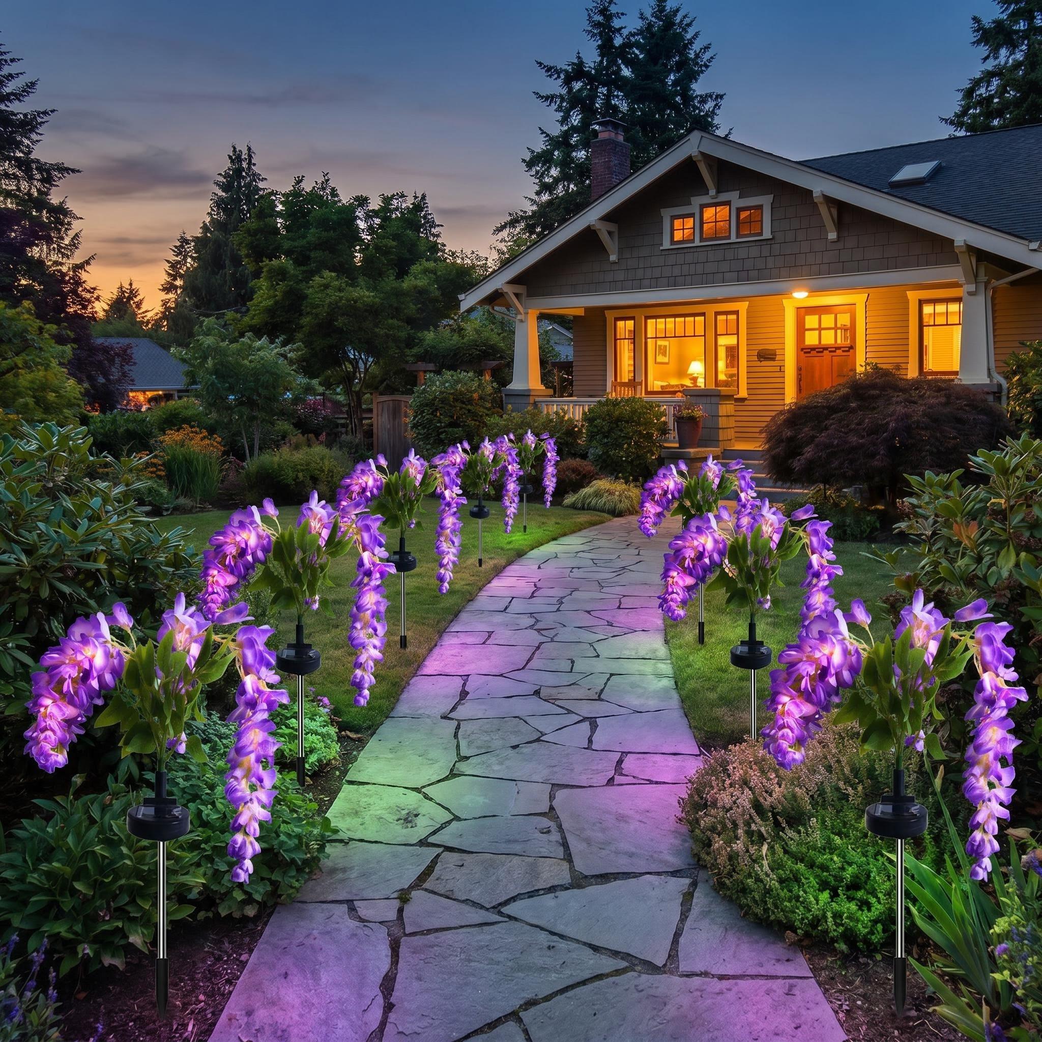 【AshKnoll】Solar Wisteria Flower Bouquets Ground-Stake String Light, Wireless Waterproof Artificial Decor with Ground Insertion for Garden, Patio, Potted Plants