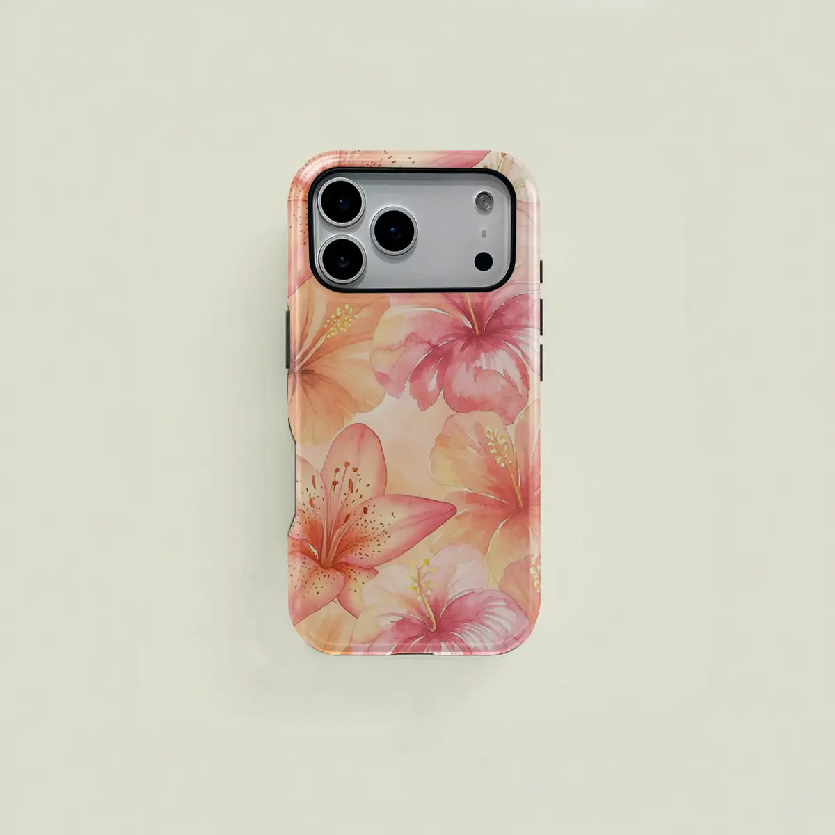 This light orange watercolor-style protective case features a fresh floral pattern of hibiscus and lilies. It's a durable 2-in-1 case suitable for iPhone 17/16/15/14/13/12/11 Pro Max/Plus/Pro and Samsung Galaxy S26/S25/S24/S23 Ultra series.