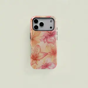 This light orange watercolor-style protective case features a fresh floral pattern of hibiscus and lilies. It's a durable 2-in-1 case suitable for iPhone 17/16/15/14/13/12/11 Pro Max/Plus/Pro and Samsung Galaxy S26/S25/S24/S23 Ultra series.