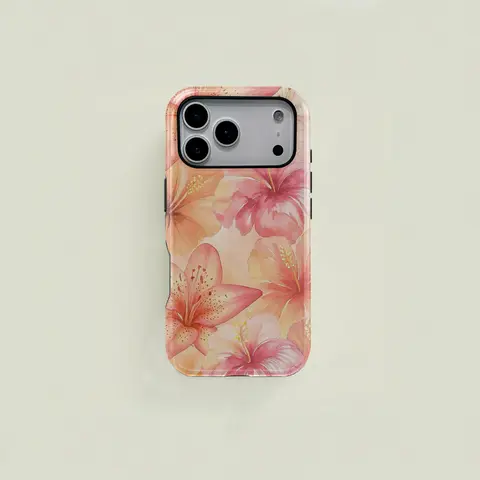 This light orange watercolor style protective case features a fresh floral pattern of hibiscus and lilies. It's a durable 2 in 1 case suitable for iPhone 17/16/15/14/13/12/11 Pro Max/Plus/Pro and Samsung Galaxy S26/S25/S24/S23 Ultra series.