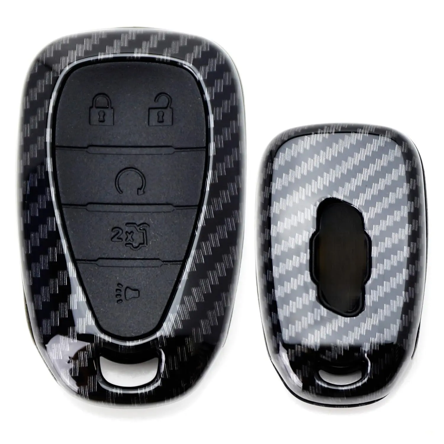 iJDMTOY For Chevy 2016-up Camaro Cruze, 2017-up Malibu Sonic, Carbon Fiber Hydrographic Printing Design Smart Key Fob Cover Shell w/Black Silicone Keypad Button Skin
