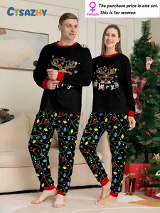 MEN/WOMEN Couple Christmas Long Sleeve Pants Homewear Pajama Set, Sunglasses Antlers Decorative Colored Christmas Lights String Reindeer Snowflake Printed Element Top and Full Printed Pants, Crew Neck Design, Men's or Women's, Single Set