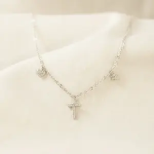 925 Sterling Silver CZ Cross Charm Necklace
