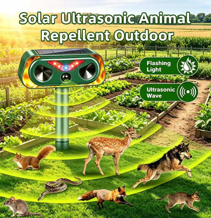 Solar Ultrasonic Animal Repeller with Flash, Humane & Effective Solar Outdoor Lights, Easy-to-Install Ground Insert Garden/Farm Pest Deterrent, PIR Motion Sensor, 110-Degree Angle, IP65 Waterproof, 2 Modes for Animal Scare (Raccoons, Rabbits, Foxes)