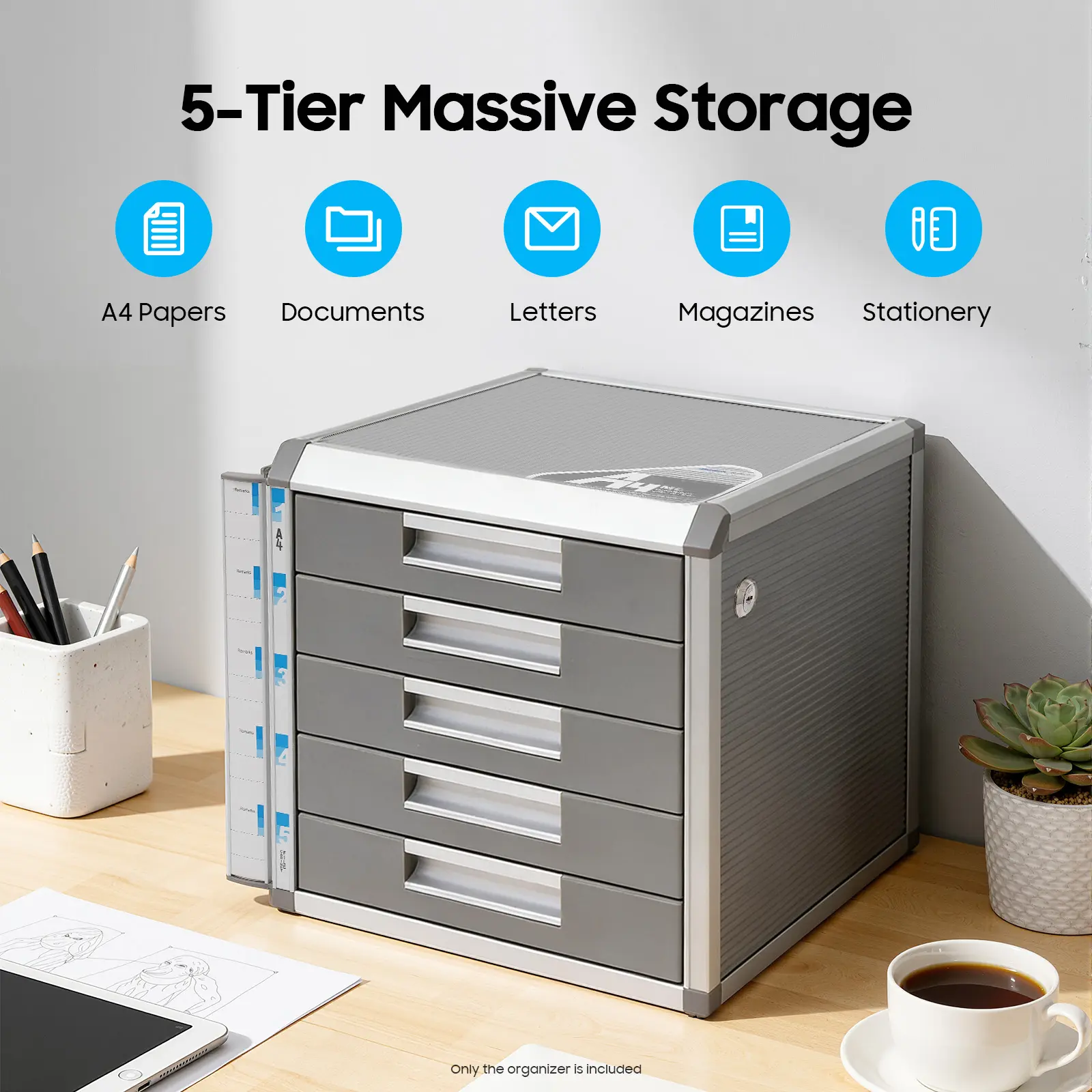 Silver Grey Lockable 5-Drawer Desktop File Cabinet Aluminum Alloy A4 Document Storage Label Slots 2 Keys for Home Office Desk Stationery Organization