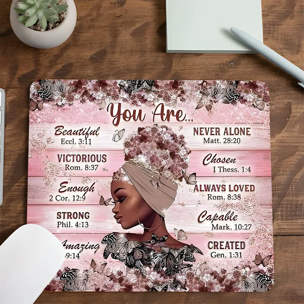 Motivational Floral Confident Black Woman Design Square mouse pad, Non Slip Mousepad, Aesthetic Desktop Decorative Protective Pad, Desktop Accessory, Rubber Anti-slip Lockedge Work Pad, Small Size Suitable for Laptop, Desktop Computer Games, Work, Family