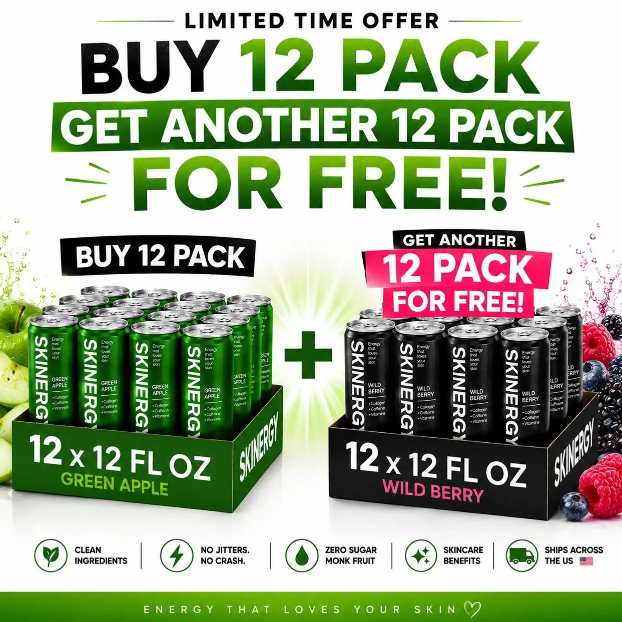 Skinergy Collagen Energy Drink | Buy 12-Pack, Get 12-Pack FREE | Green Apple & Wild Berry | Zero Sugar
