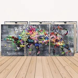 Wooden Framed Canvas Painting, 3 Counts Colorful Graffiti Savage Cow Poster, Animal Canvas Posters, Fun Decorations, Perfect Living Room Decor, Home Decoration Poster