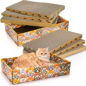 Set of 2   Boxes, 17x10 in 6 count Corrugated Cardboard Pad with 2 Boxes, Large Cute Reversible Kitty Sofa Bed, Refillable Wave Shaped Lounge, Interactive Kitten  for Indoor