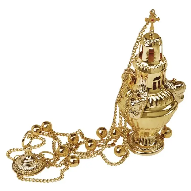 Orthodox Christian Censer with Bells, Hanging Thurible, Traditional Orthodox Style, 600g Gold-Plated with Cross Finial, for Divine Liturgy and Home Altar, Religious Supplies, Religious Decoration