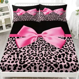 Bow Leopard Print Bedding Set (1 Fitted Sheet + 2 Pillowcases), Modern Style, Suitable for Dorms, Hotels, All Seasons