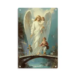 Guardian Angel with Children Vintage Religious Metal Sign Print Aesthetic Room Decoration for Home Bedroom Kitchen Bar Dorm Bathroom Wall Decor 8 X 12 Inch