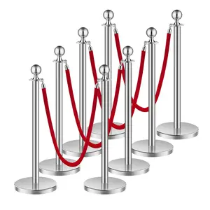 VEVOR Stanchions and Velvet Ropes 8Pcs, Hollow Base with Stainless Steel Post, 4 Red Velvet Ropes and Posts, Crowd Control Barriers Silver Stanchions, Red Carpet Runner Poles for Party Supplies