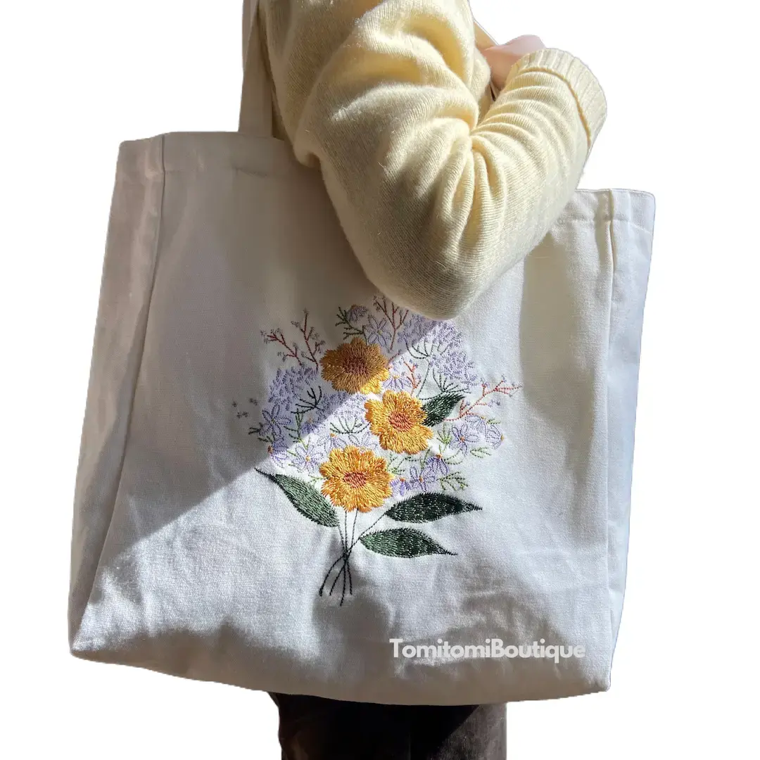 Stylish Embroidered Floral Tote Bag | Daisy and Multiples Flowers Design | Hidden Inner Pocket | Durable Canvas Material |