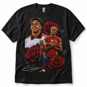 Men's Short-Sleeve 100% Cotton Fabric Sport T-Shirt, Lamine Yamal "RISING STAR" Roses Graphic Menswear, Casual Streetwear Soccer Fan Signature Tee