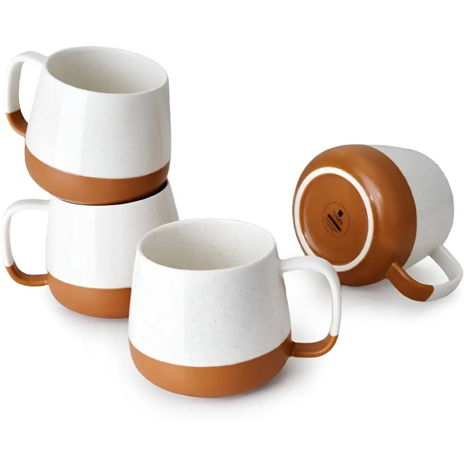 Glossy Porcelain 4-Piece 12oz Coffee Cup Set - Ergonomic Handle Mugs, Smooth, Dishwasher Safe, Oven/Microwave Safe, Beige for Everyday Hot/Cold Drinks (Latte, Cocoa)