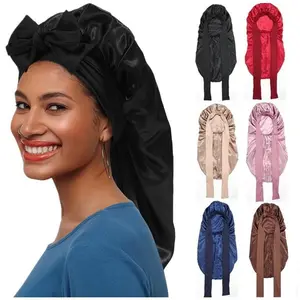Single-Layer Summer Cool Style Solid Color Long Satin Bonnet Sleep Cap Adjustable Care Nightcap for Women Braids Curly Hair Natural Hair Wrap for Sleeping Cap with Tie Band Elastic Hair Care Bonnet