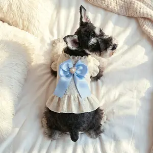 French Blue Bow Lace Dress, Vintage Luxurious Princess Dress Costume for Dogs and Cats, Teddy Bichon Pomeranian Yorkie Puppy Clothes