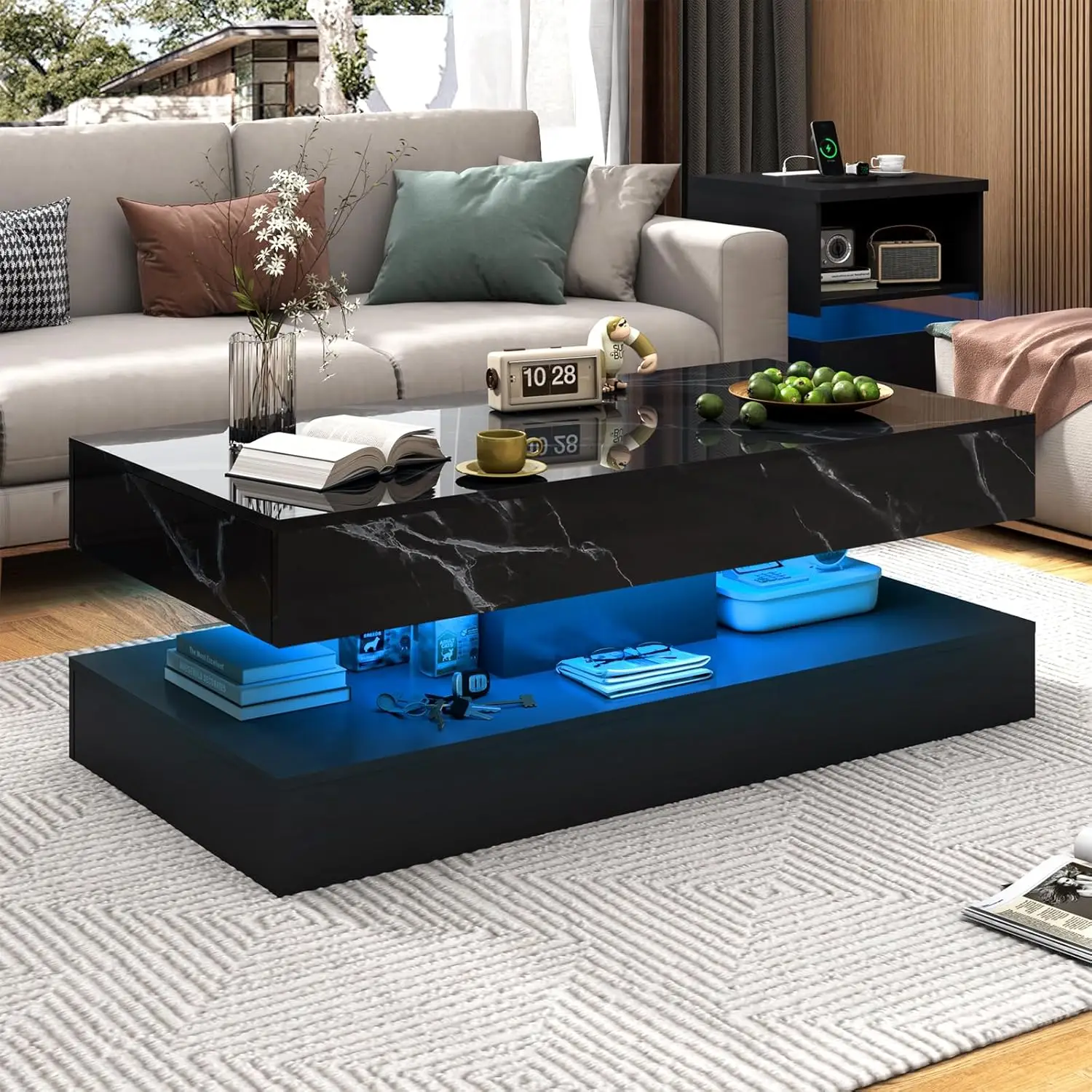 47.3" High Glossy LED Coffee Table with 2 Sliding Storage Drawers, Living Room Coffee Table w/APP Control LED Lights, Modern Double-Layer Center Table