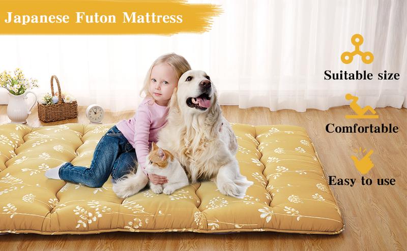 Garvee Japanese Futon Mattress, Full Size Futon Floor Mattress Japanese Style Floral Pattern Mattress for Floor, Tatami Mat, Sleeping Mattress Pad for Camping Travel, Flowers Yellow