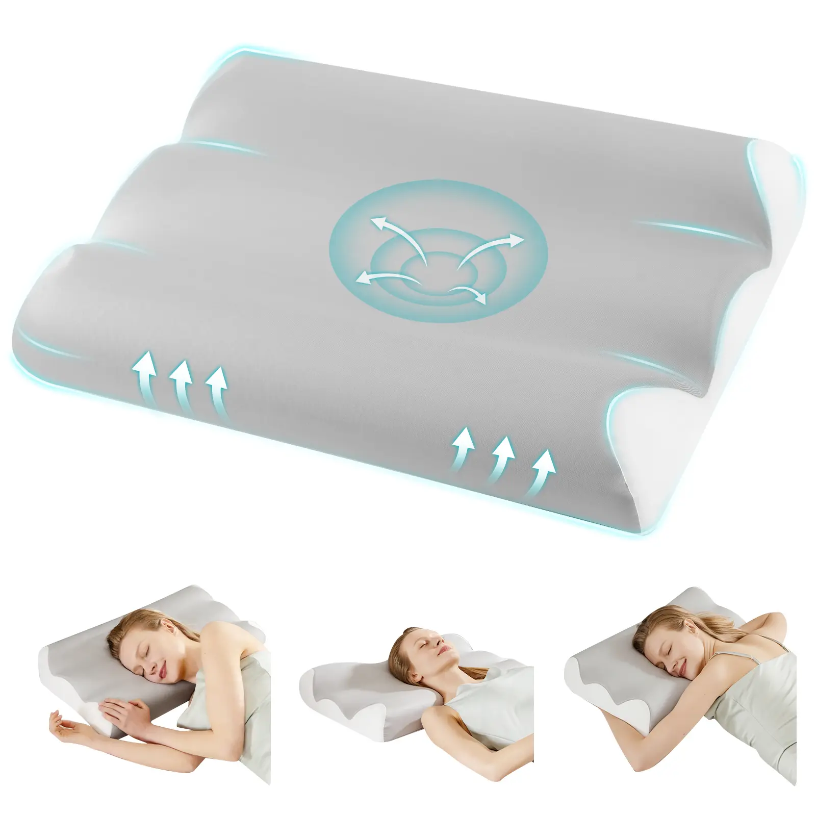 Sweetcrispy Premium Durable Memory Foam Neck Rest Pillow - Ergonomic Contoured, Dual-Height Design, Arm Grooves, Cooling Breathable Removable Cover, Queen Size, for Side & Back Sleepers