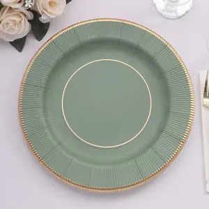 25-Pack Disposable Round Charger Plates 13" Sage Green Sunray Design with Gold Rim - 350GSM Heavy Duty Paper Placemats