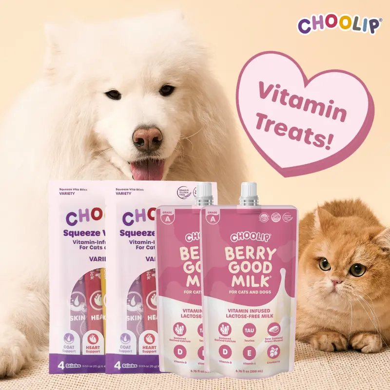 Choolip Picky Eater Trial Bundle for Cats - Berry Good Milk (2x200mL) with Strawberry, Squeeze Vita Sticks (8: Skin & Coat, Heart, Kidney, Liver) with Milk Thistle, Zinc, B5, Lickable Hydration Multivitamin Feeding Treats, Food Topper