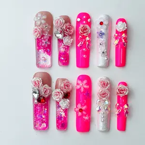 DiDazzle Handmade Dopamine Aquarium “Pink Blossom”10 pcs 1.7inch Press-Ons – 3D Rose, Glitter & Rhinestone Art；water nails