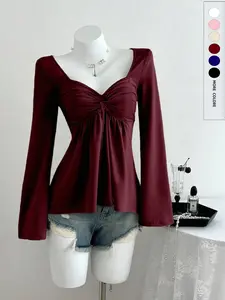 Women's Elegant Twisted Bell Sleeve Top, All-Season Plain Color Shirt, Knot Design, Medium Stretch, Fitted Style, Spring & Fall, Long Sleeve