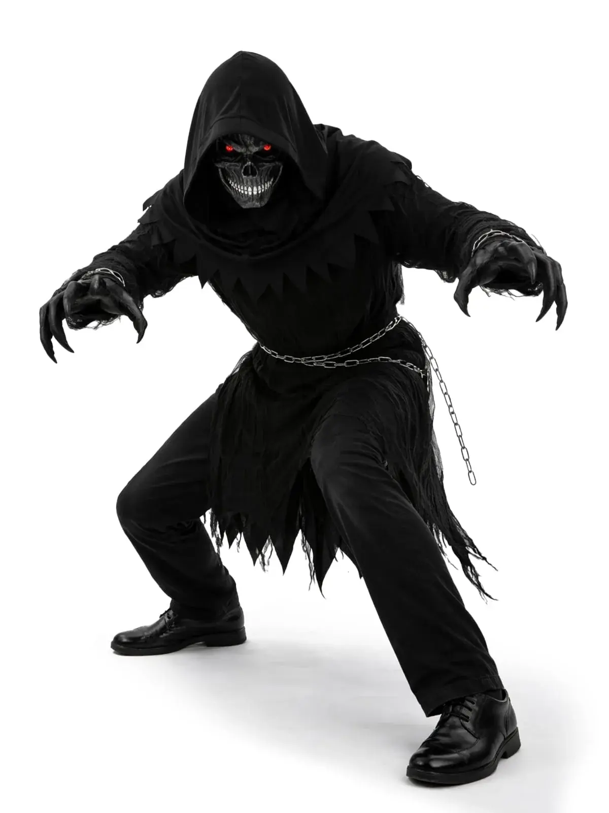 Grim Reaper Costume for Men - Hooded Black Robe with Chains & Light-Up Skull Mask for Halloween Party
