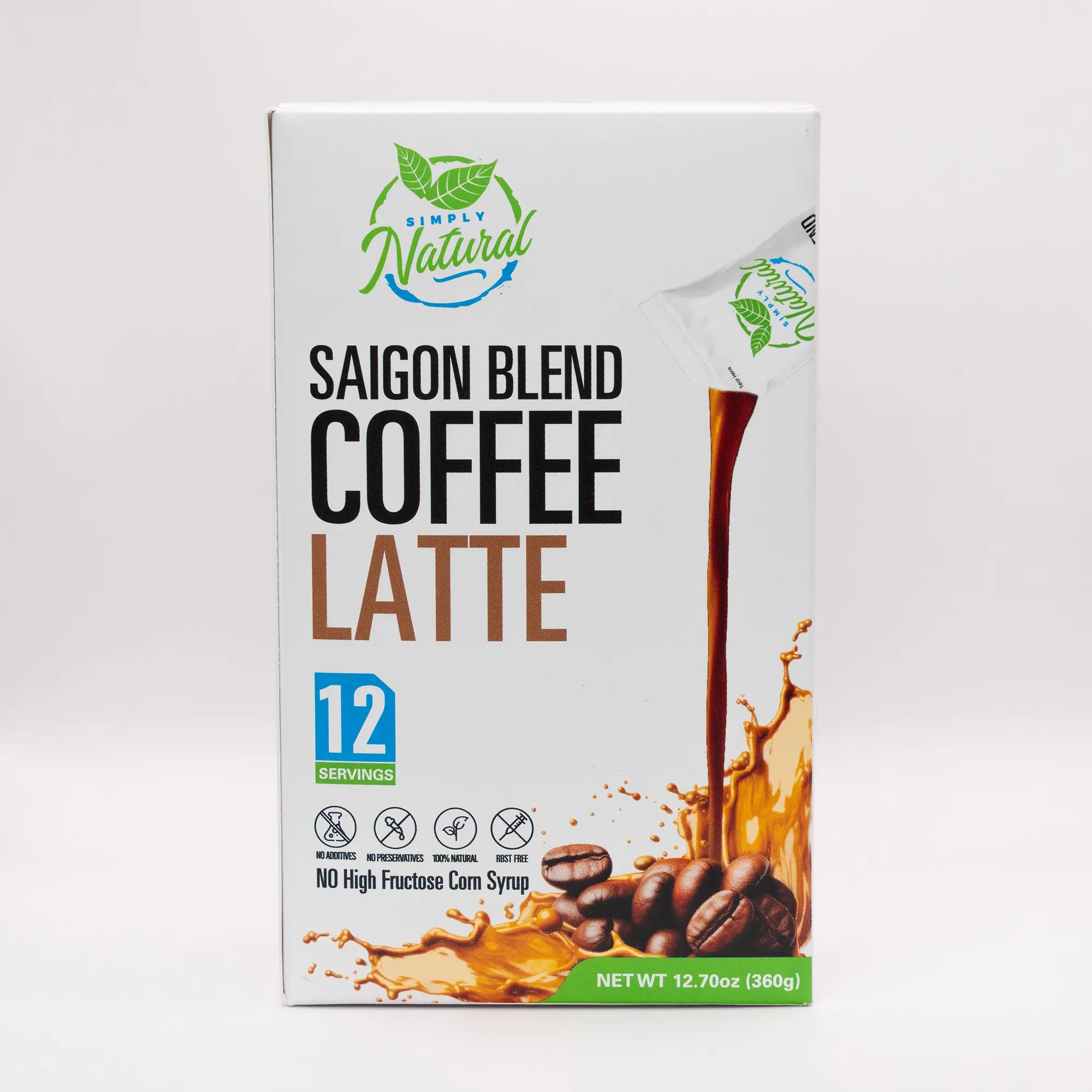 Simply Natural Coffee Latte Saigon Blend, Single-Serve Instant Liquid Coffee Ready-to-Drink, No Artificial Ingredients with real milk, 12 Servings Box