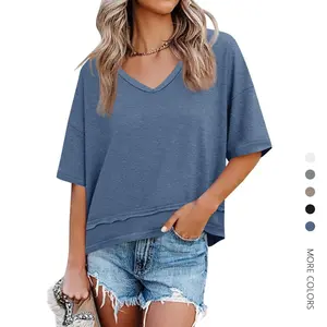 Danedvi Women's Summer V-Neck Short-Sleeve Polyester Casual Chic Loose-Fit T-Shirt - Comfortable, Flowy Plain Basic Top for Women to Pair with Jeans, Streetwear Shirts