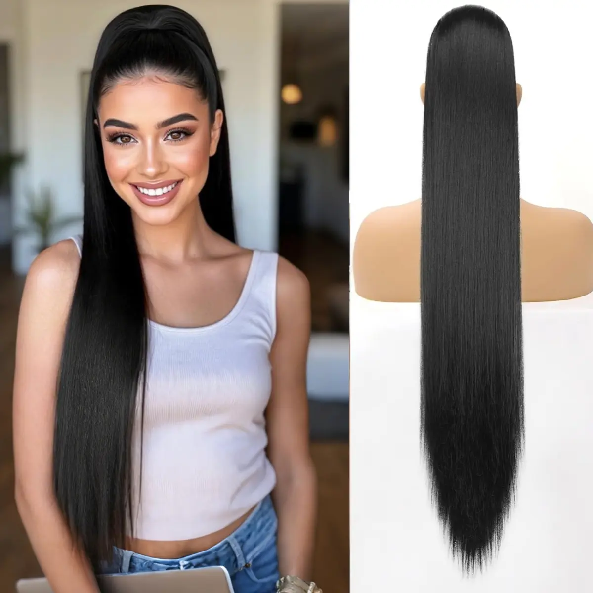 Women's 30in Natural Straight Drawstring Ponytail Extensions - Premium Synthetic Soft Hairpieces, Heat-Resistant, Drawstring Included, for Ponytail Hairstyles, Premium Synthetic Hair, High-Quality